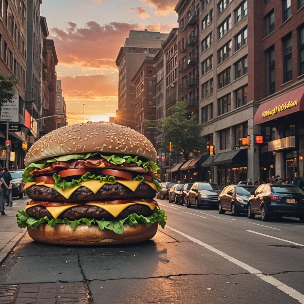 Giant Hamburger on City Street at Sunset