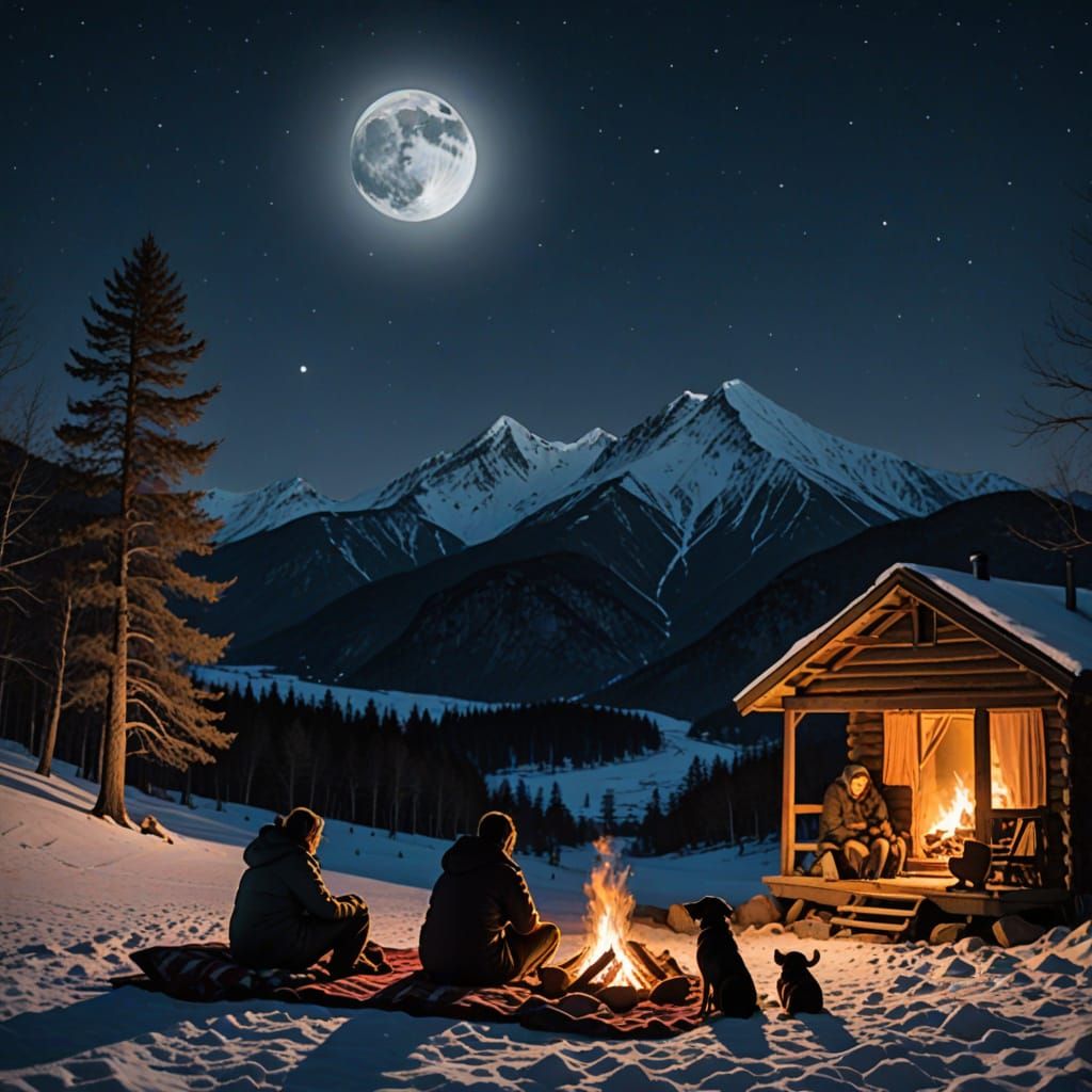 Family Campfire Silhouette Under Full Moon
