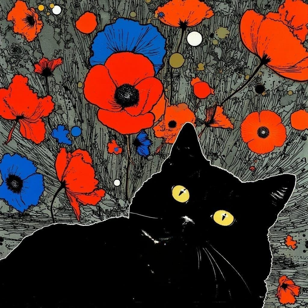 Whimsical Bohemian Feline Portrait in Iridescent Neon Drawin...