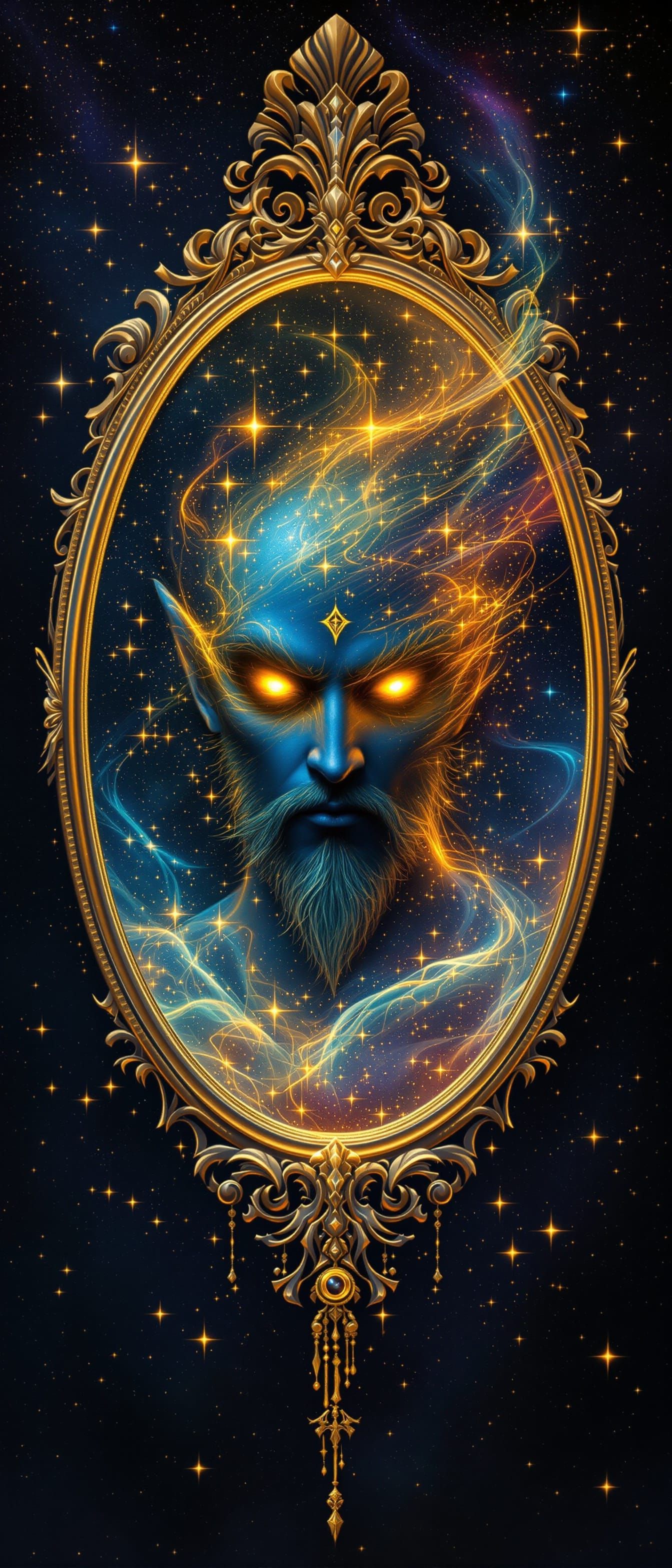 Mystical Djinn Genie in Ornate Mirror, Airbrush Art