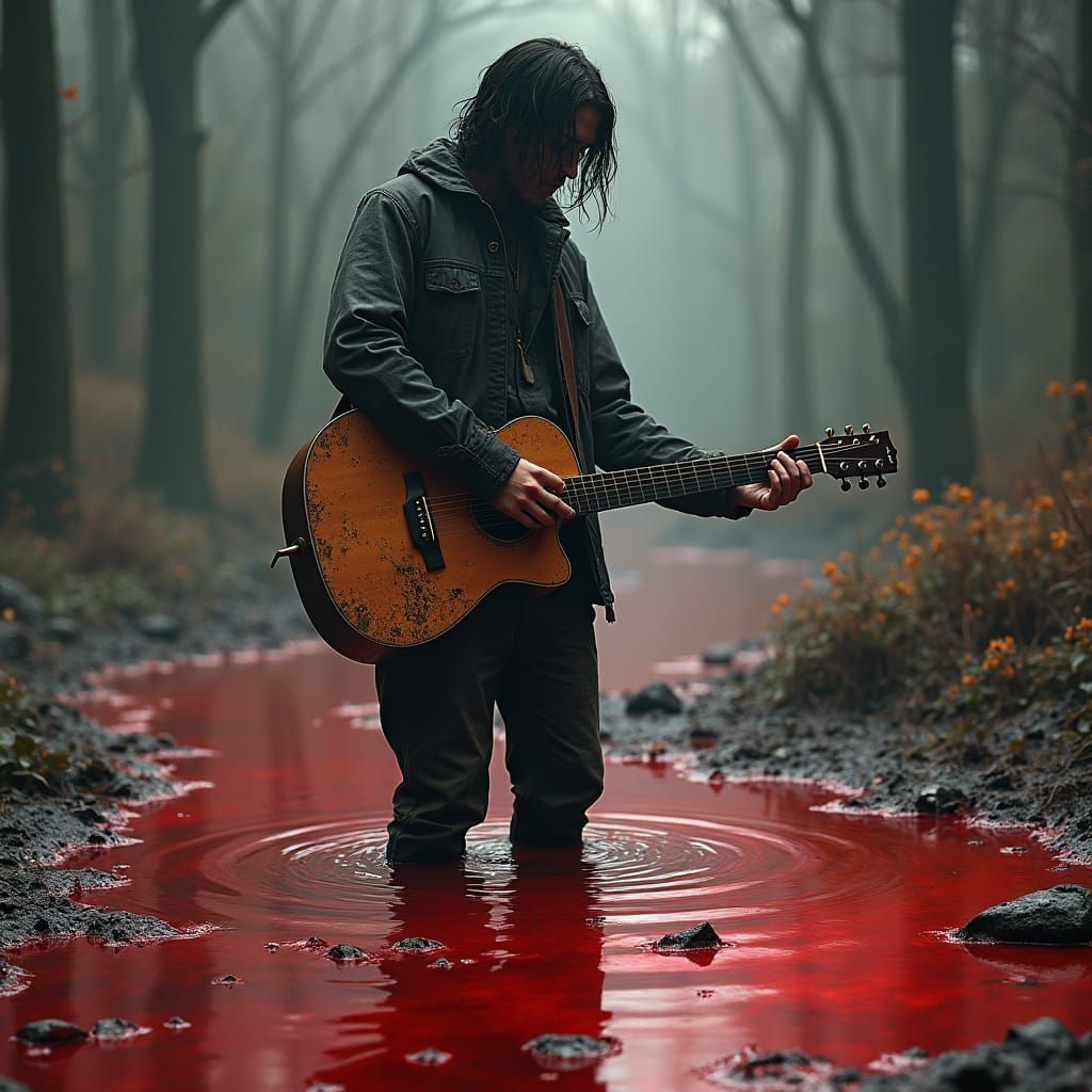Melancholic Guitarist in Pool of Blood: Digital Painting