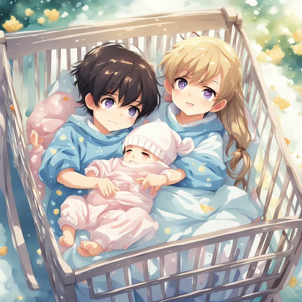 Two Babies in Cradles in Anime Style