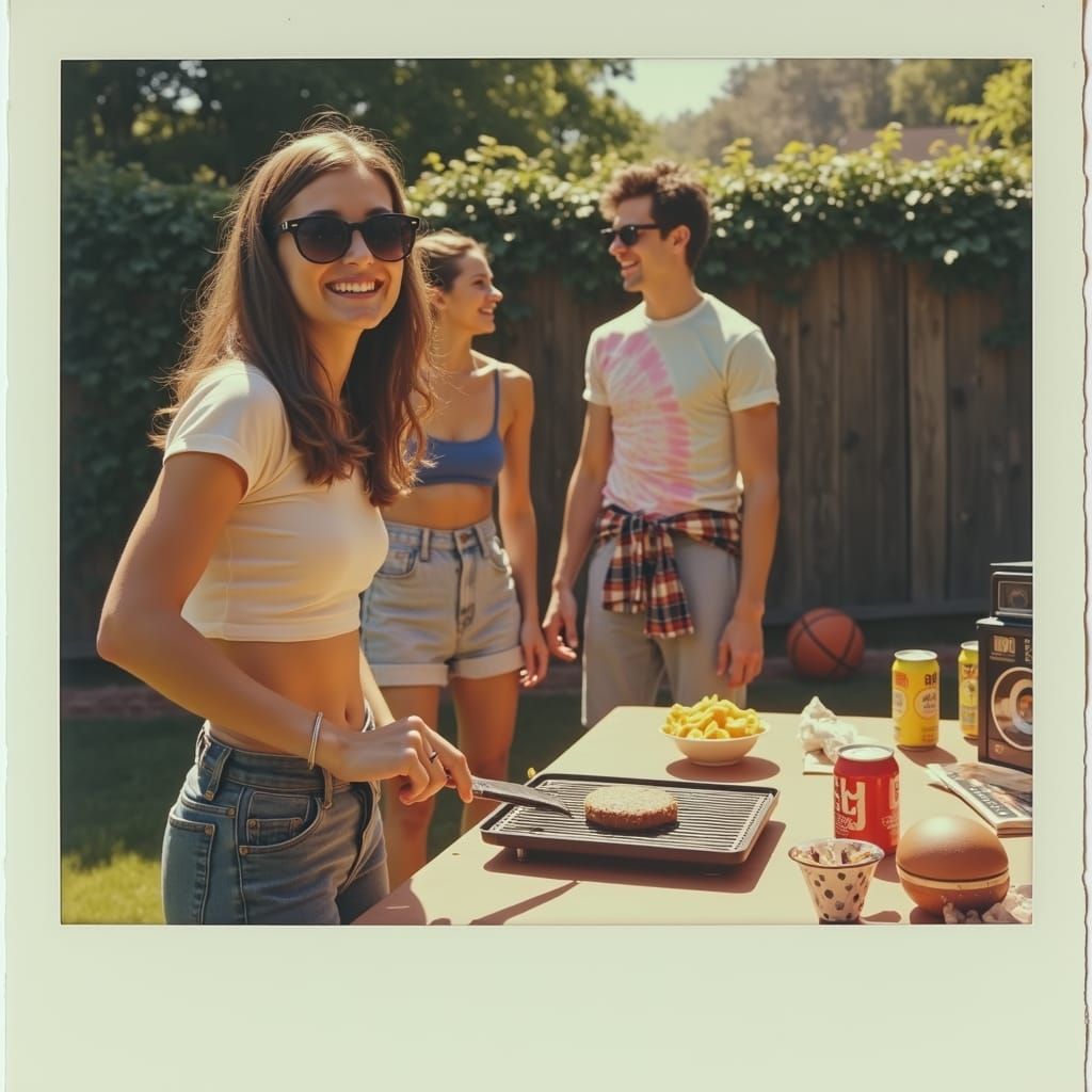 A nostalgic Polaroid photograph capturing a quintessential 90s moment. The image has the characteristic square format wi...