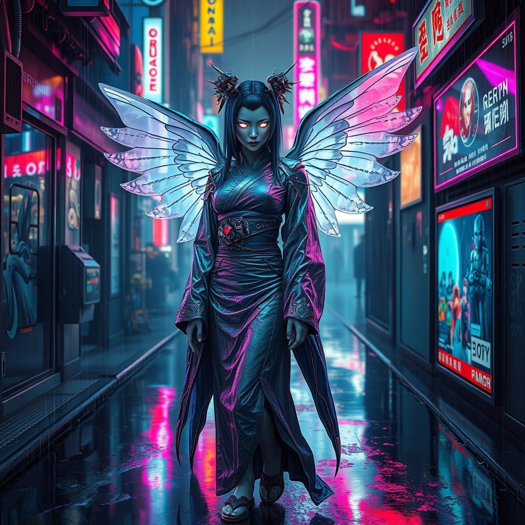 Cybernetic Geisha in Neon Alleyway, Dark Fantasy Style