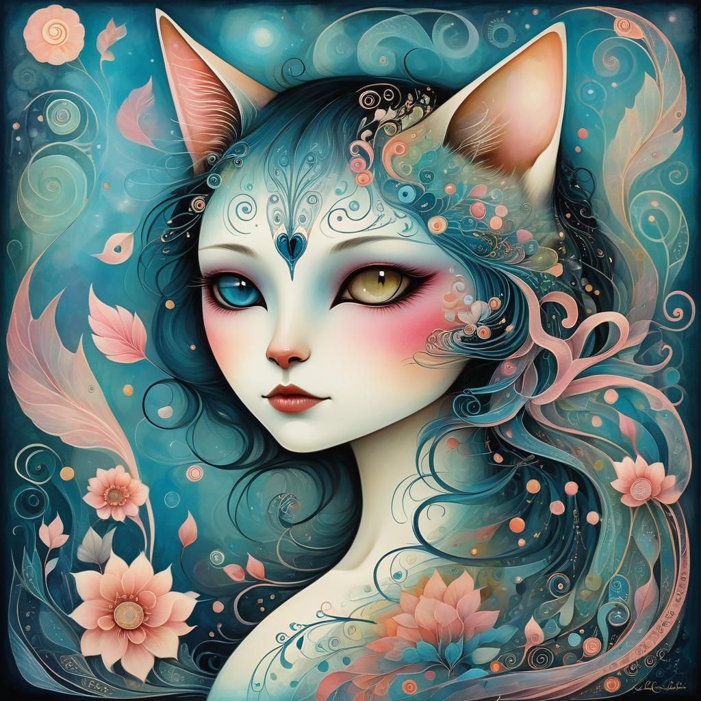 Dreamlike Woman-Cat in Art Brut Style