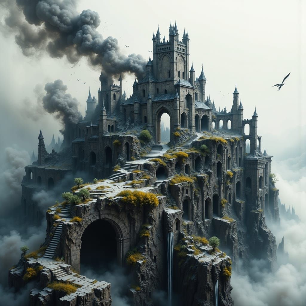 Ruined Castle Morphing from Smoke on Cliffs