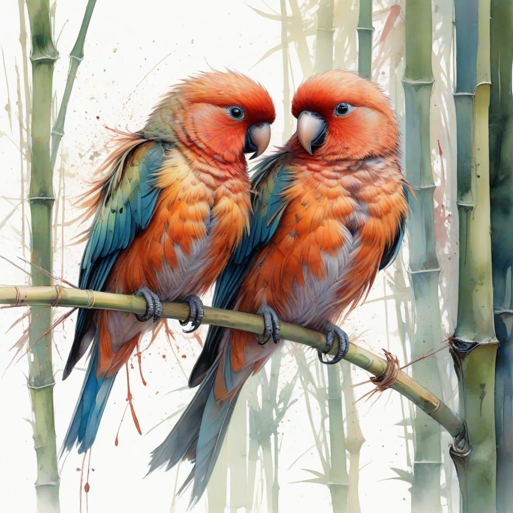 Surreal Watercolour Painting of Two Lovebirds on Bamboo