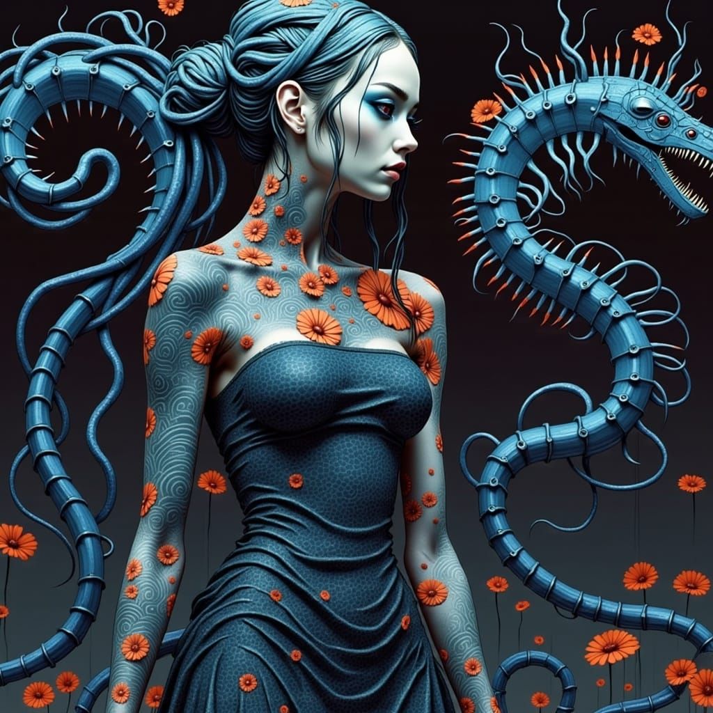 Cyborg Woman with Centipede Tattoo in H.R. Giger Style