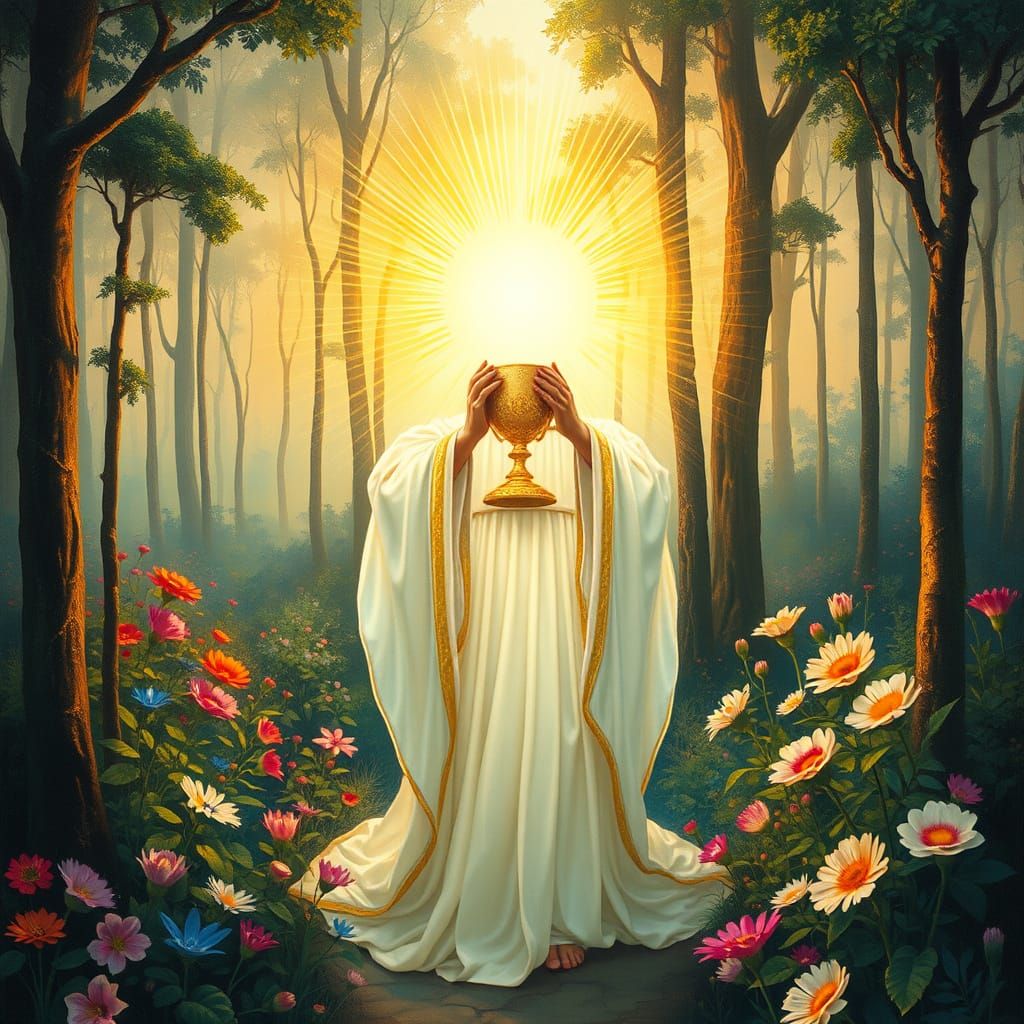Divine Being Holds Radiant Grail of the Heart in Lush Garden