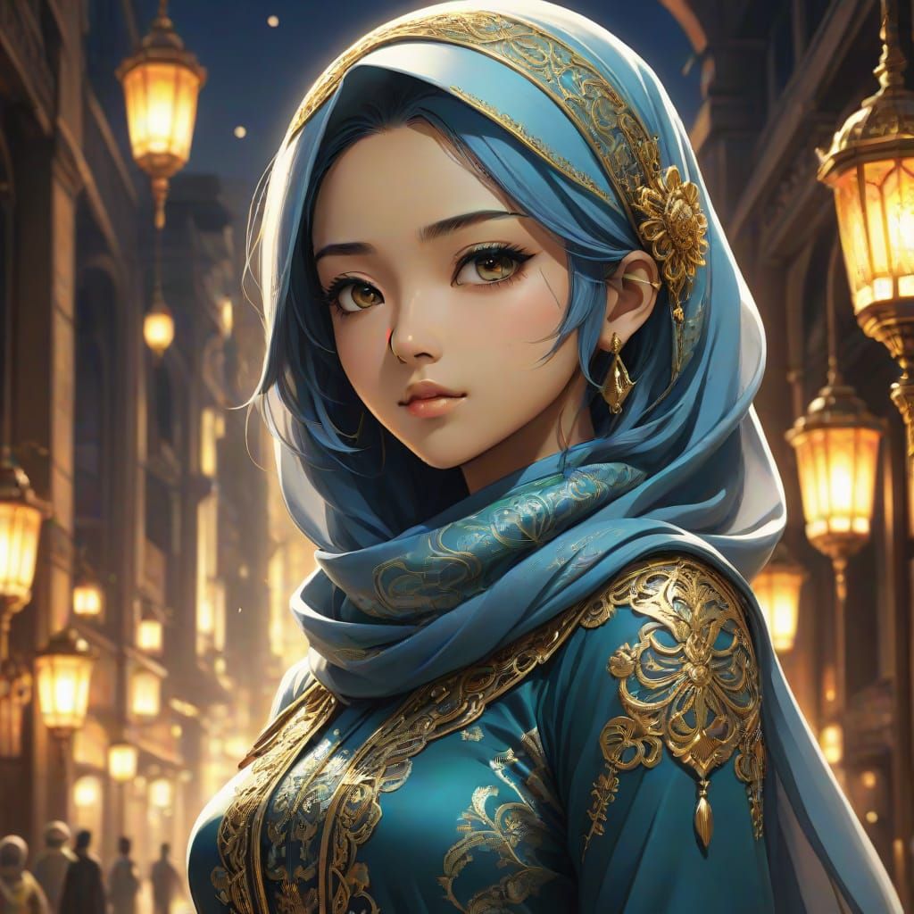 Elegant Muslim Girl in Dreamlike Setting, Anime-Inspired Art