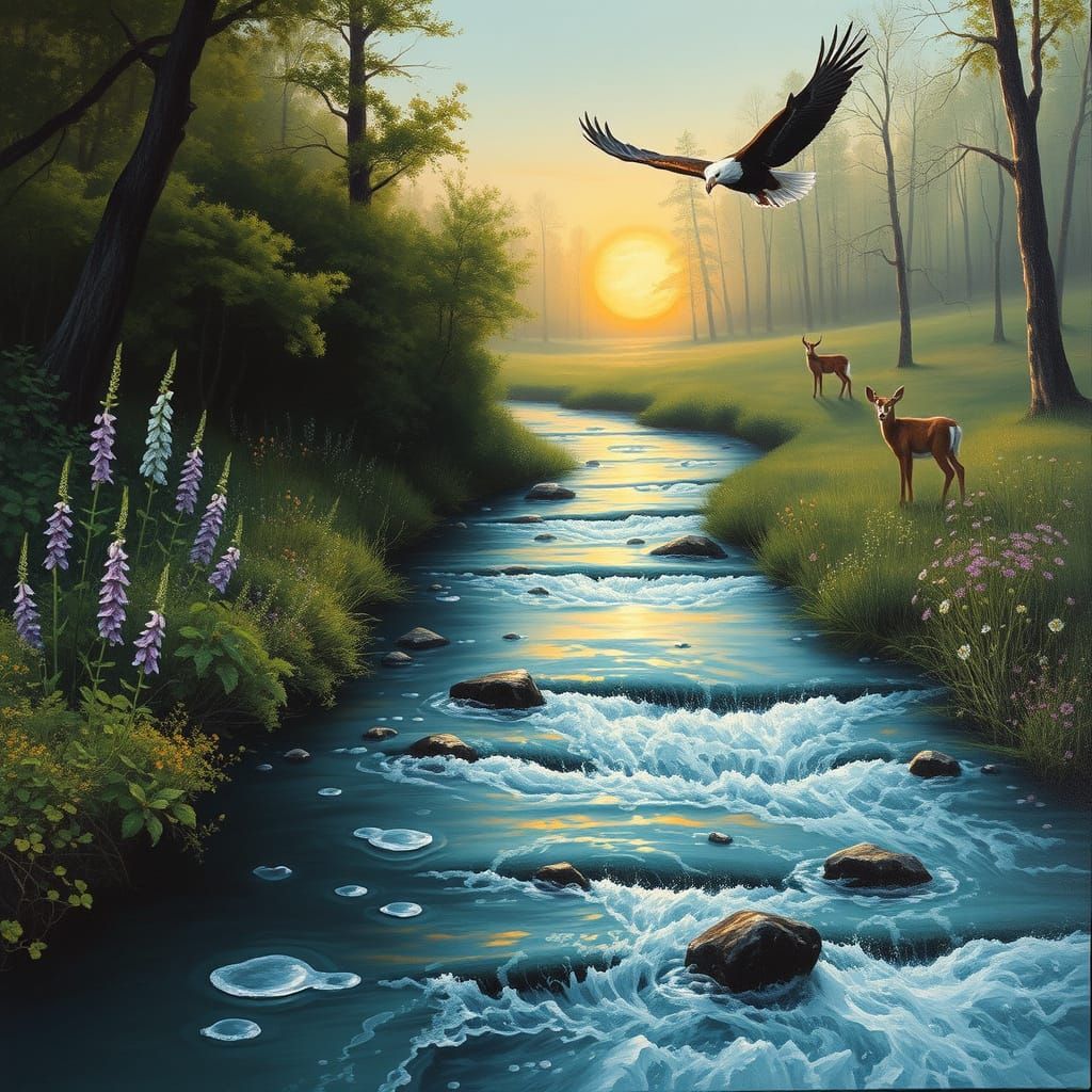 Peaceful Sunrise Landscape with Creek and Wildlife
