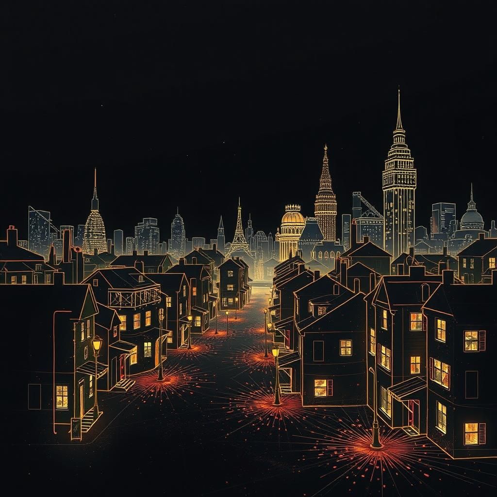 Bioluminescent Wireframe Cityscape at Night