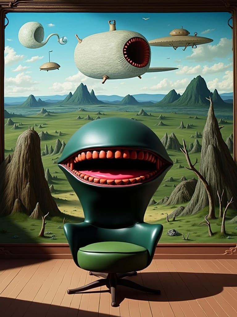 Surreal Flying Crafts Above Grotesque Leather Chair