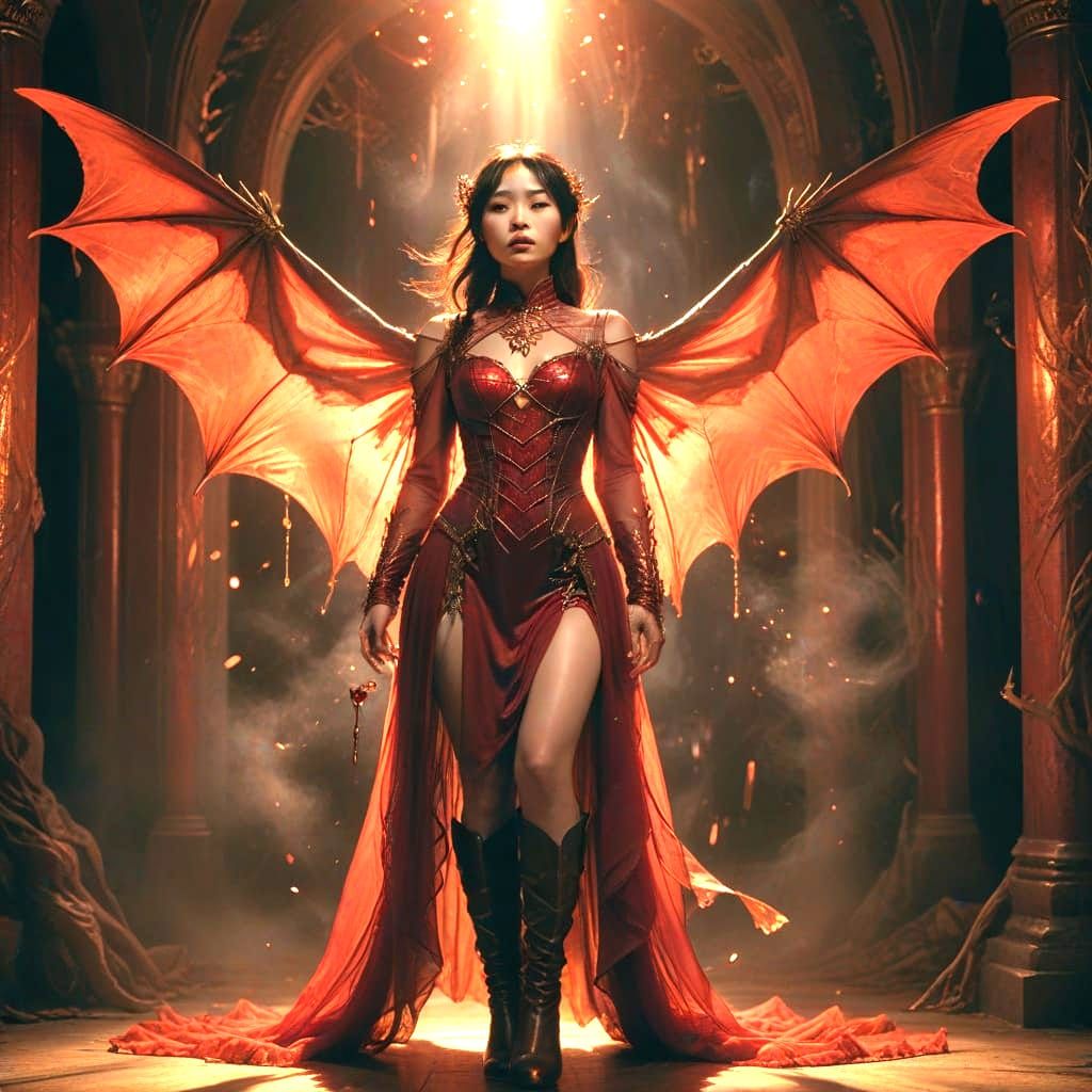 Surreal Ruby Red Goddess Takes Flight in Cinematic Darkness