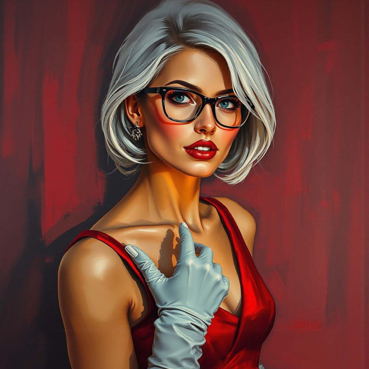 Femme Fatale in Red: Post-Modern Oil Painting
