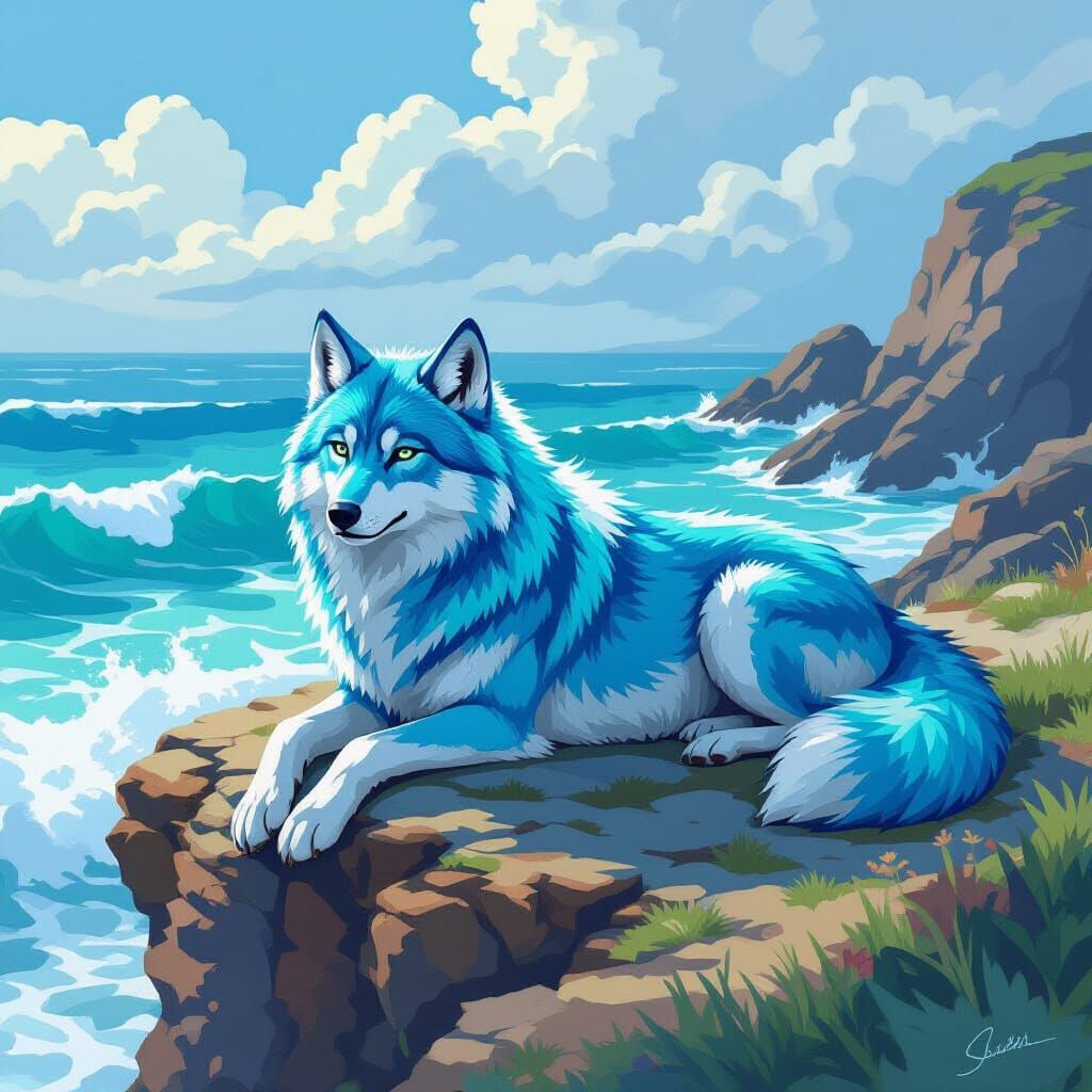 Turquoise Water Wolf on Coastal Cliff