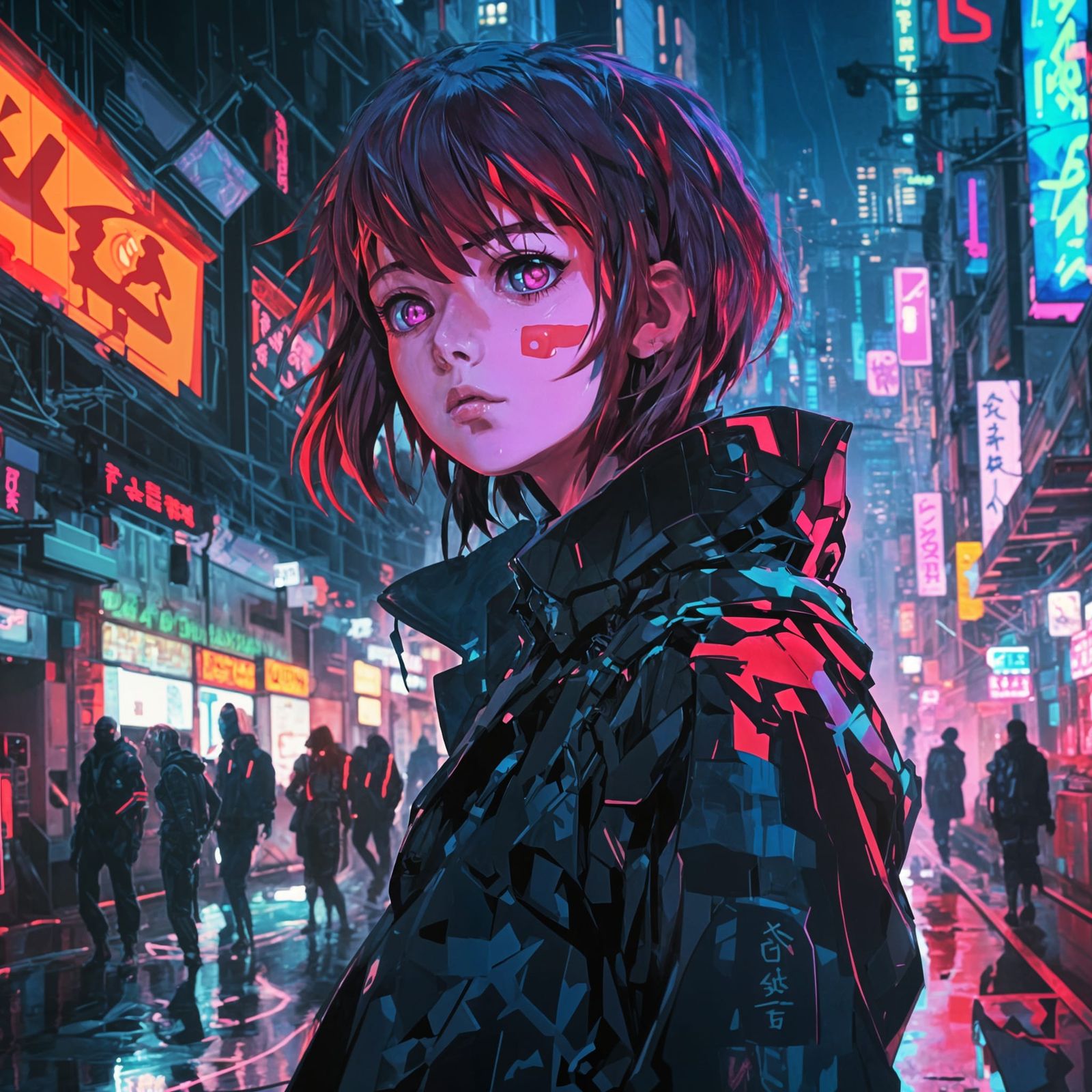 Cyborg Anime Girl Crying Blood in Cyberpunk City