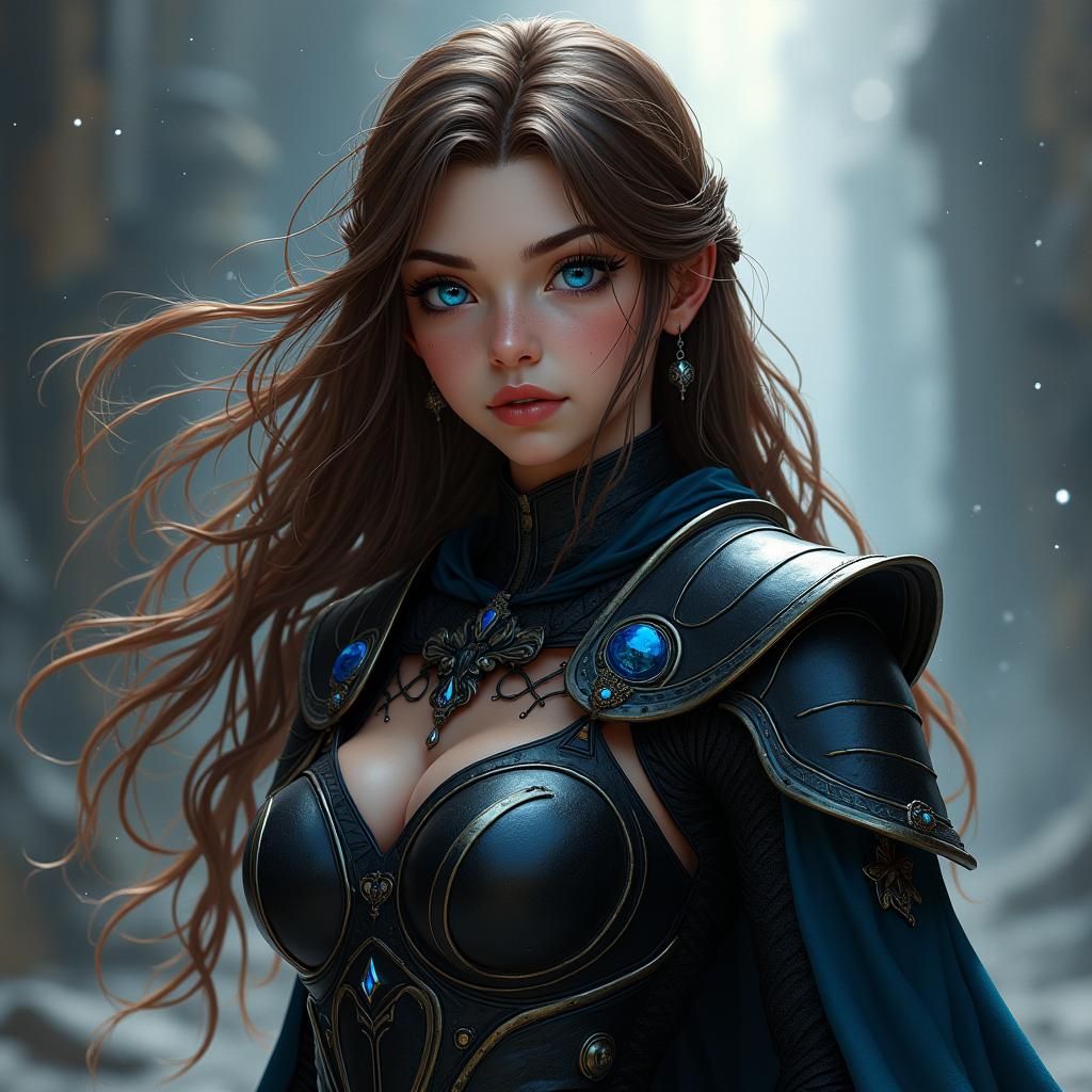 Anime Girl in Black Armor, Fantasy Concept Art