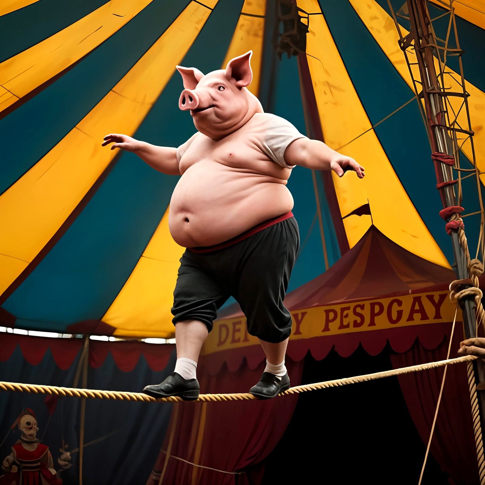 Macabre Circus Pig-Man on Tightrope