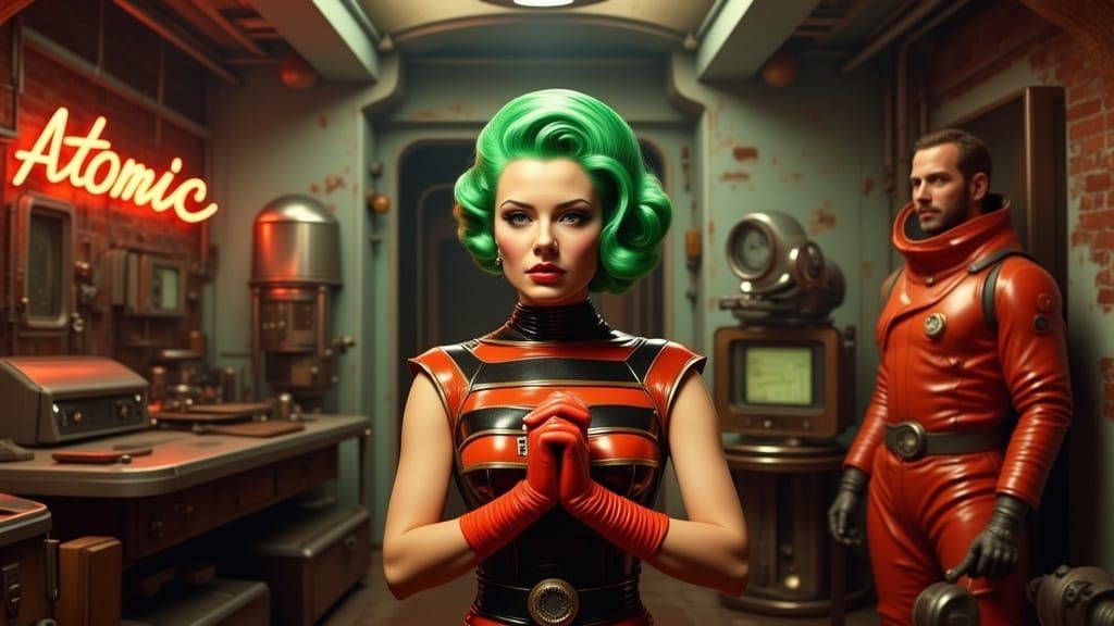 Retro-Futuristic Femme Fatale in Distressed Laboratory