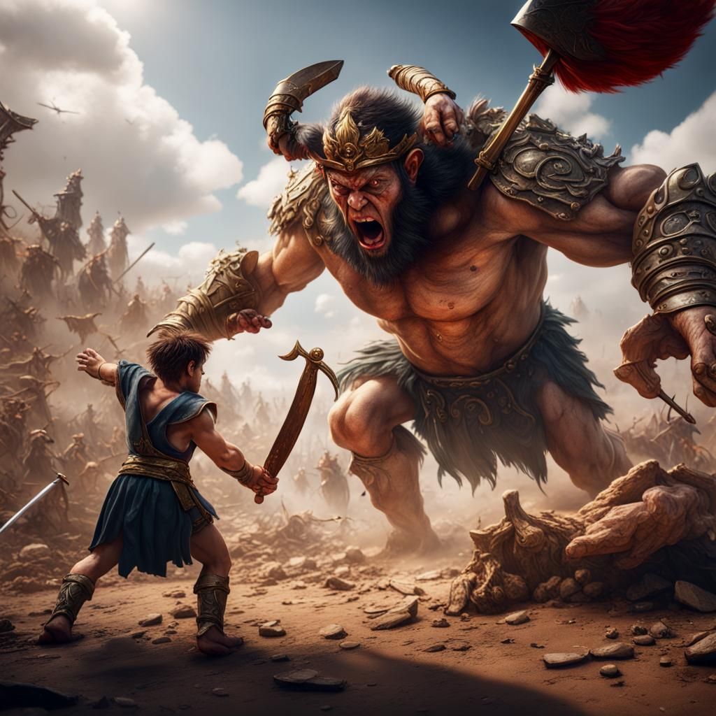 David and Goliath Fight: Detailed Matte Painting