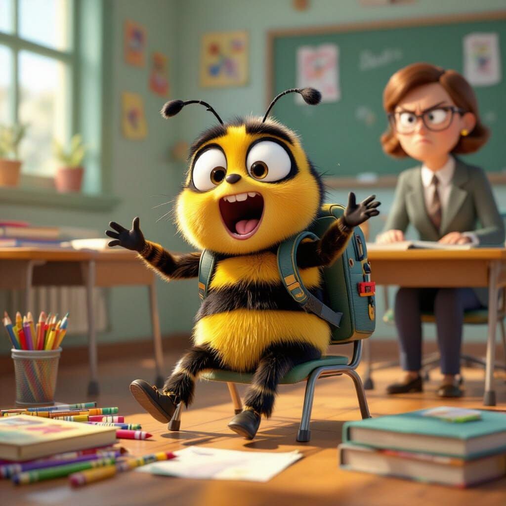 Bumble Bee Student Yawning in Pixar 3D Classroom