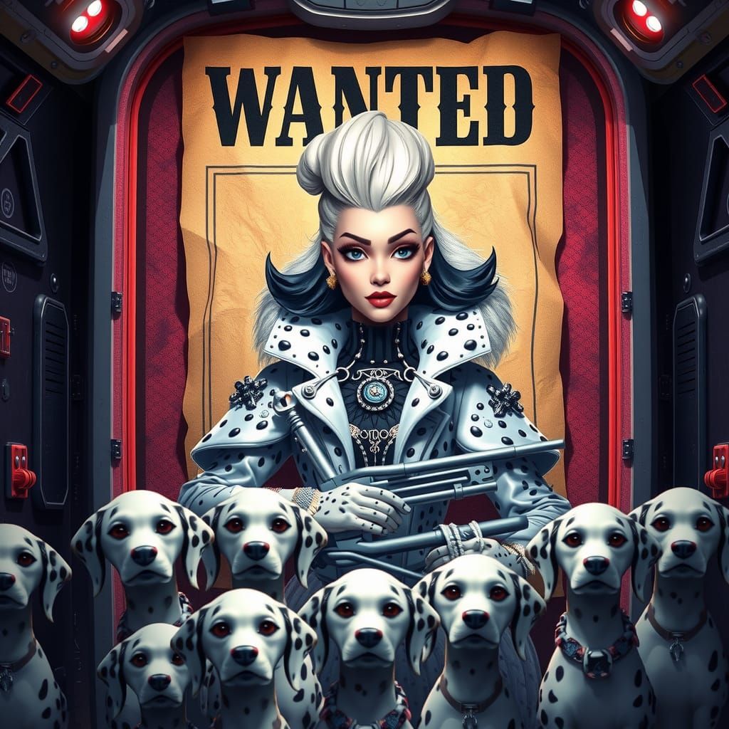 Cruella de Vil Wanted Poster in Futuristic Style