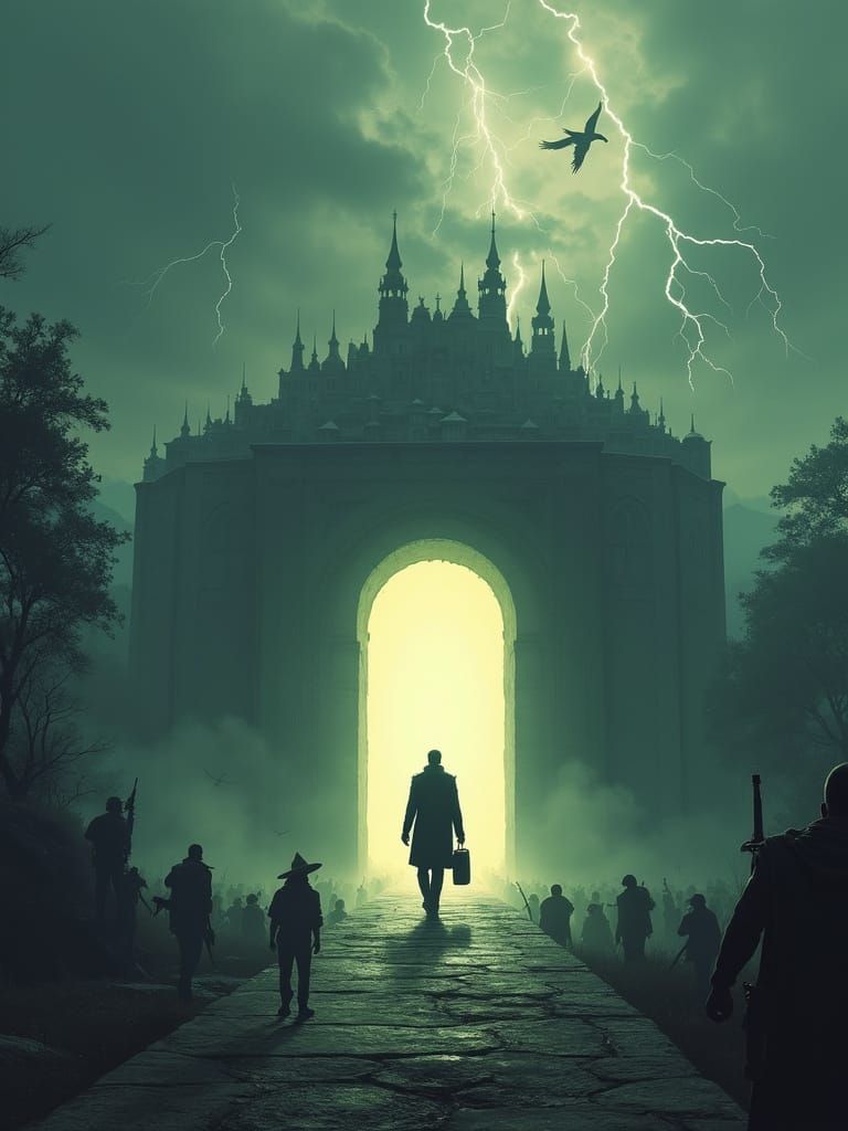 Dystopian Figure Walks Towards Illuminated Archway