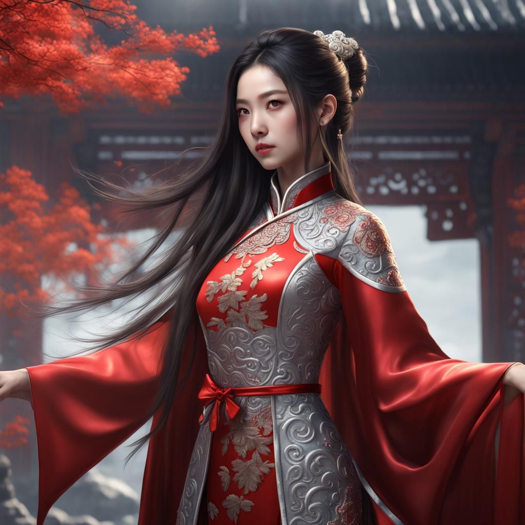 Chinese Girl in Silver Qipao with Red Cloak