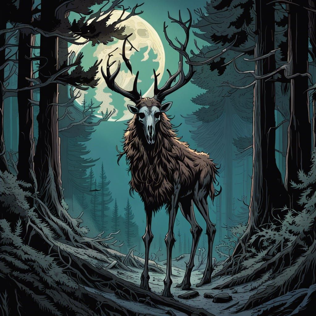 High Gothic Wendigo in Dark Pine Forest