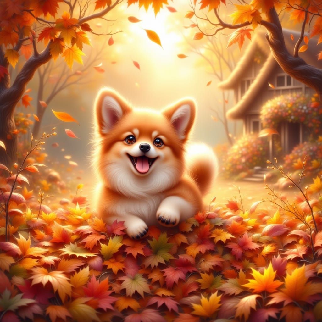 Fluffy Corgi Joyfully Dives Into Autumn Leaves