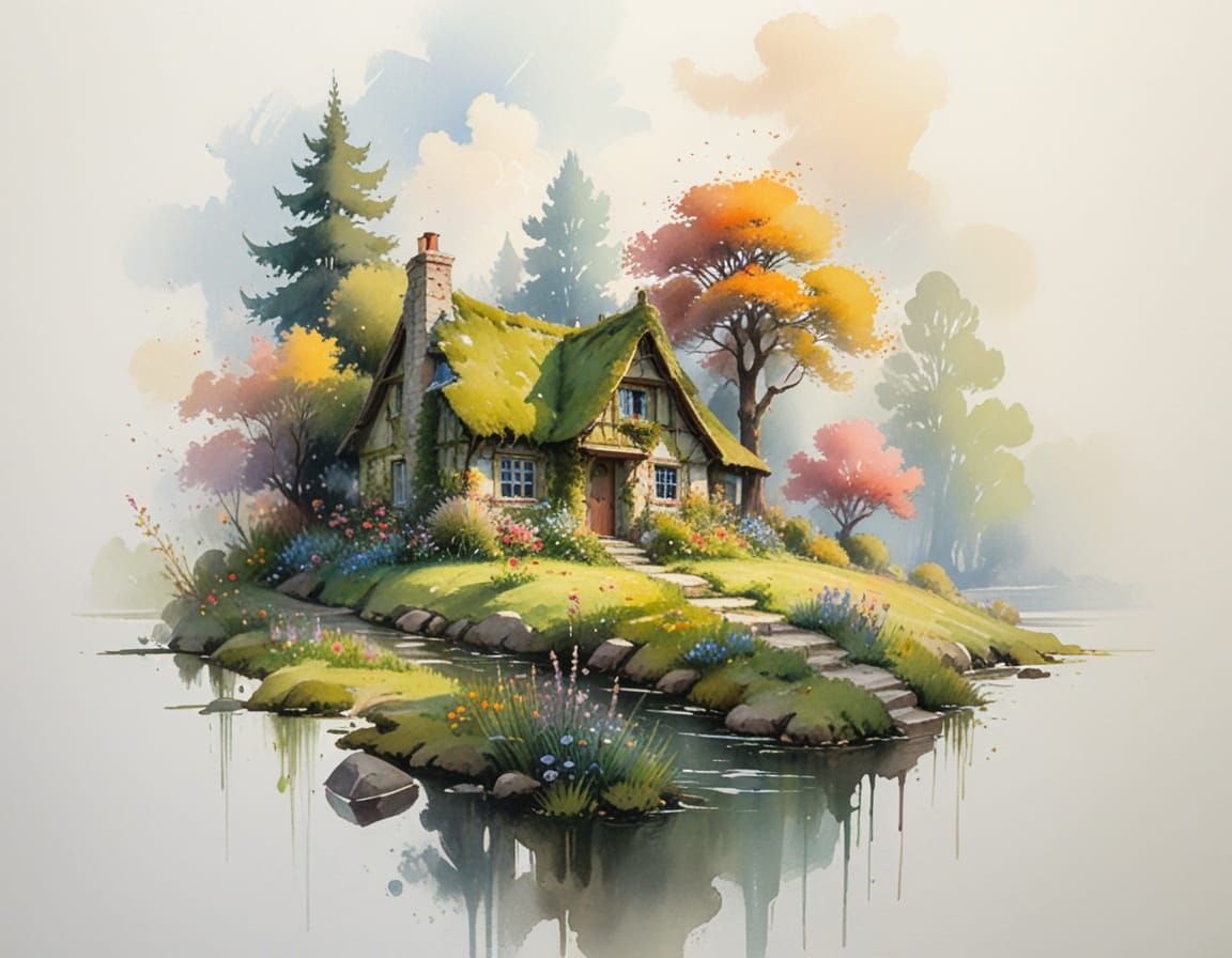 Moss-Covered Cottage in Meadow: Impressionistic Watercolor P...