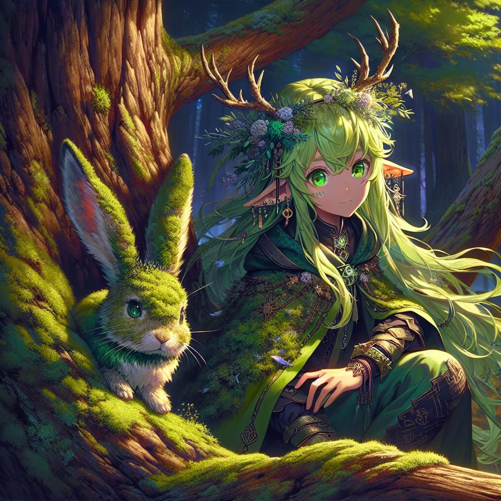 Anime Druid Girl with Jackalope in Forest