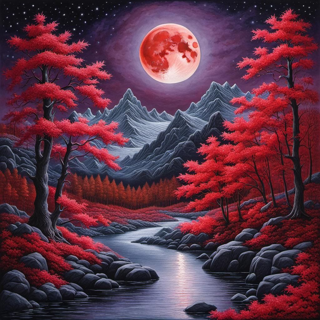 Red Maple Forest Under Moon in Watercolor Style