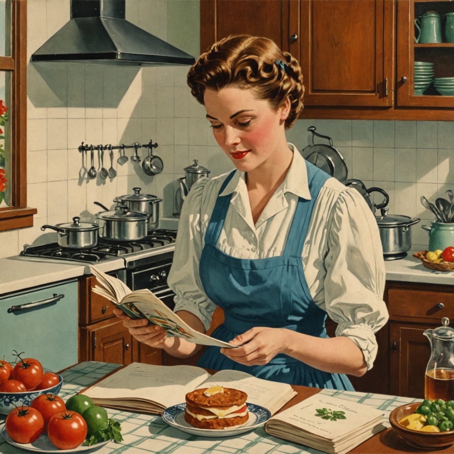 Woman Reads Vintage Cookbook in a Retro Postcard Style