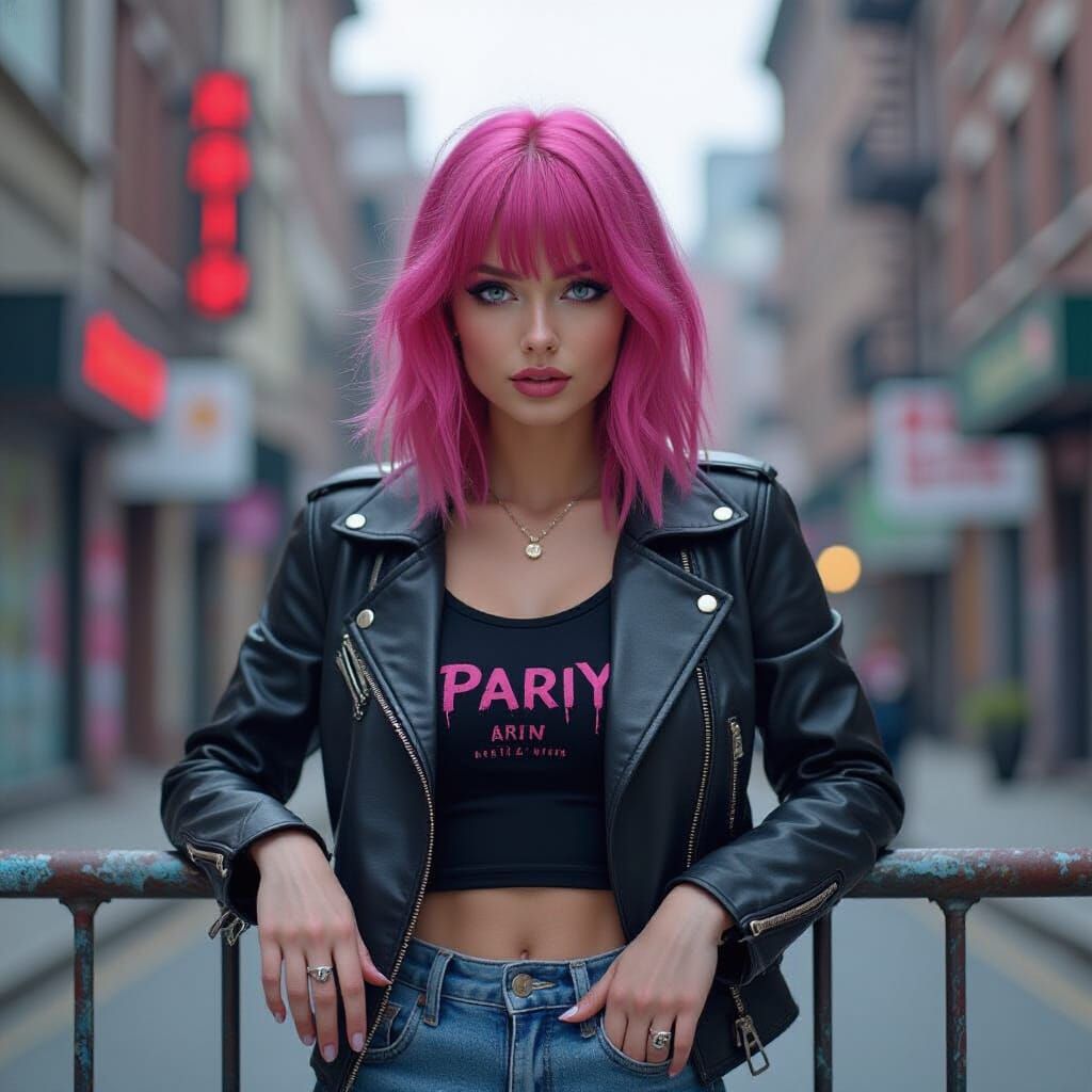 Pink-Haired Woman in City, Alcohol Ink Splatter Style