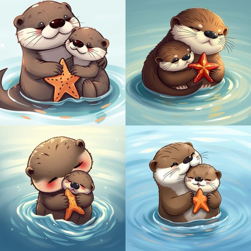 Charming Chibi Mother Otter Hugs Her Cuddly Baby Sea Star