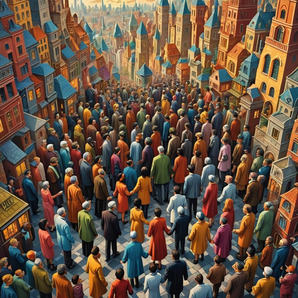 United Cultures in Surreal Cityscape, Detailed and Vibrant
