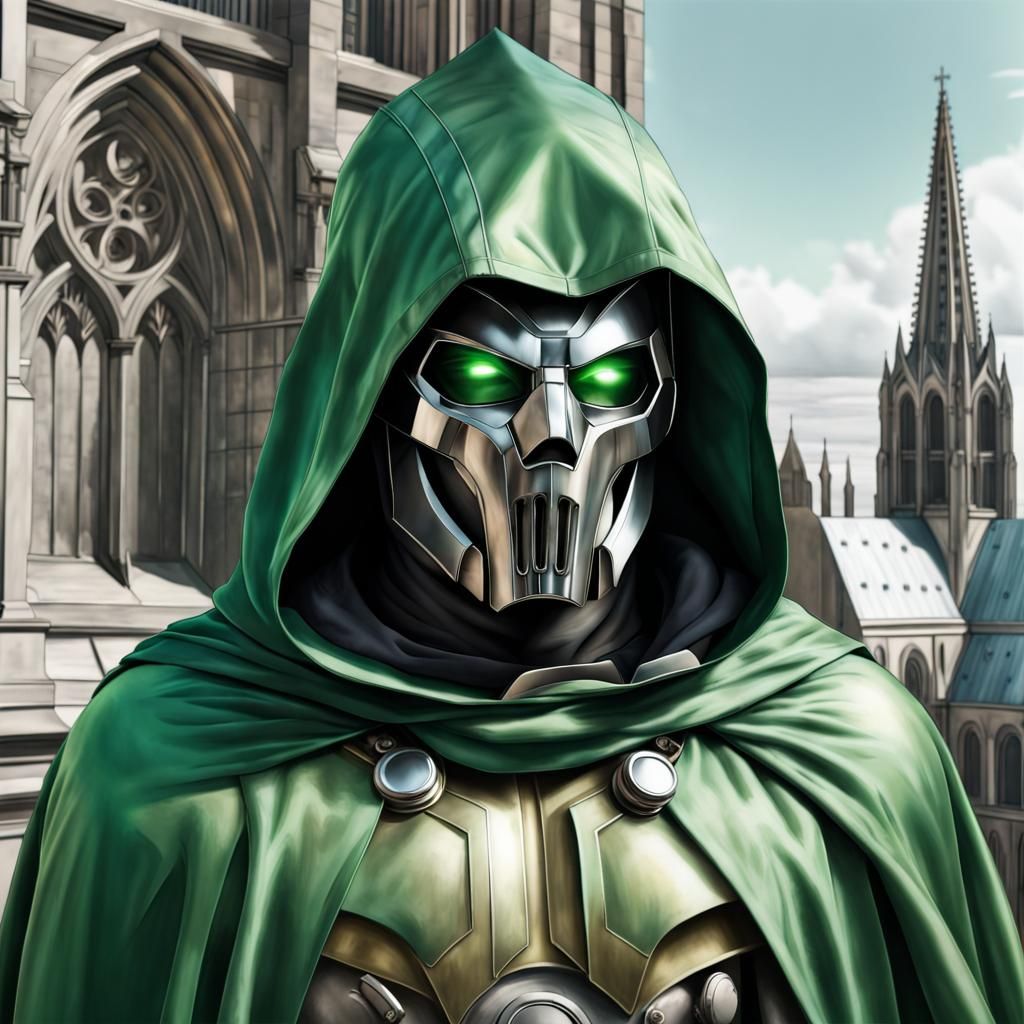 Hyperrealistic, Doctor Doom, chrome mask, green hooded cloak...