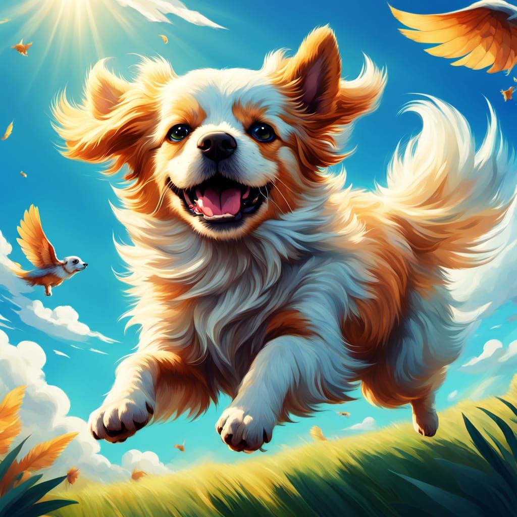 Dog Soars Through a Vibrant Blue Sky