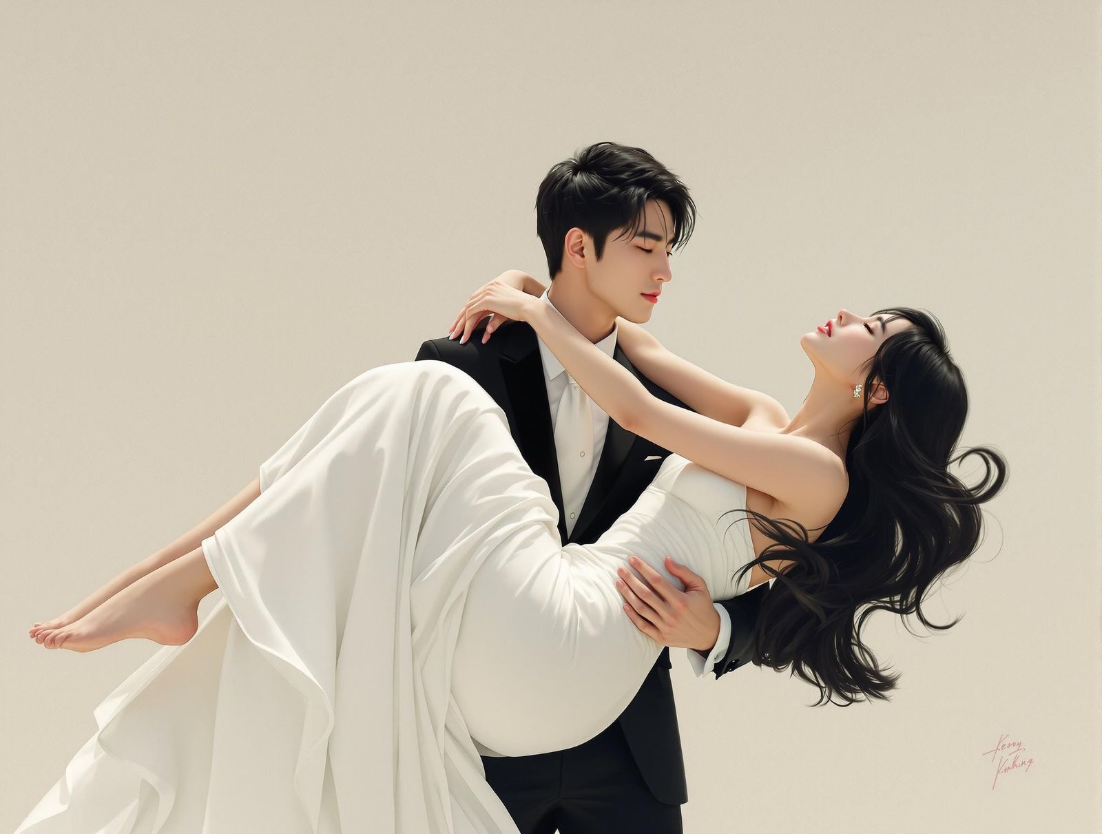 Korean Couple Embrace in Romantic Art Nouveau Style