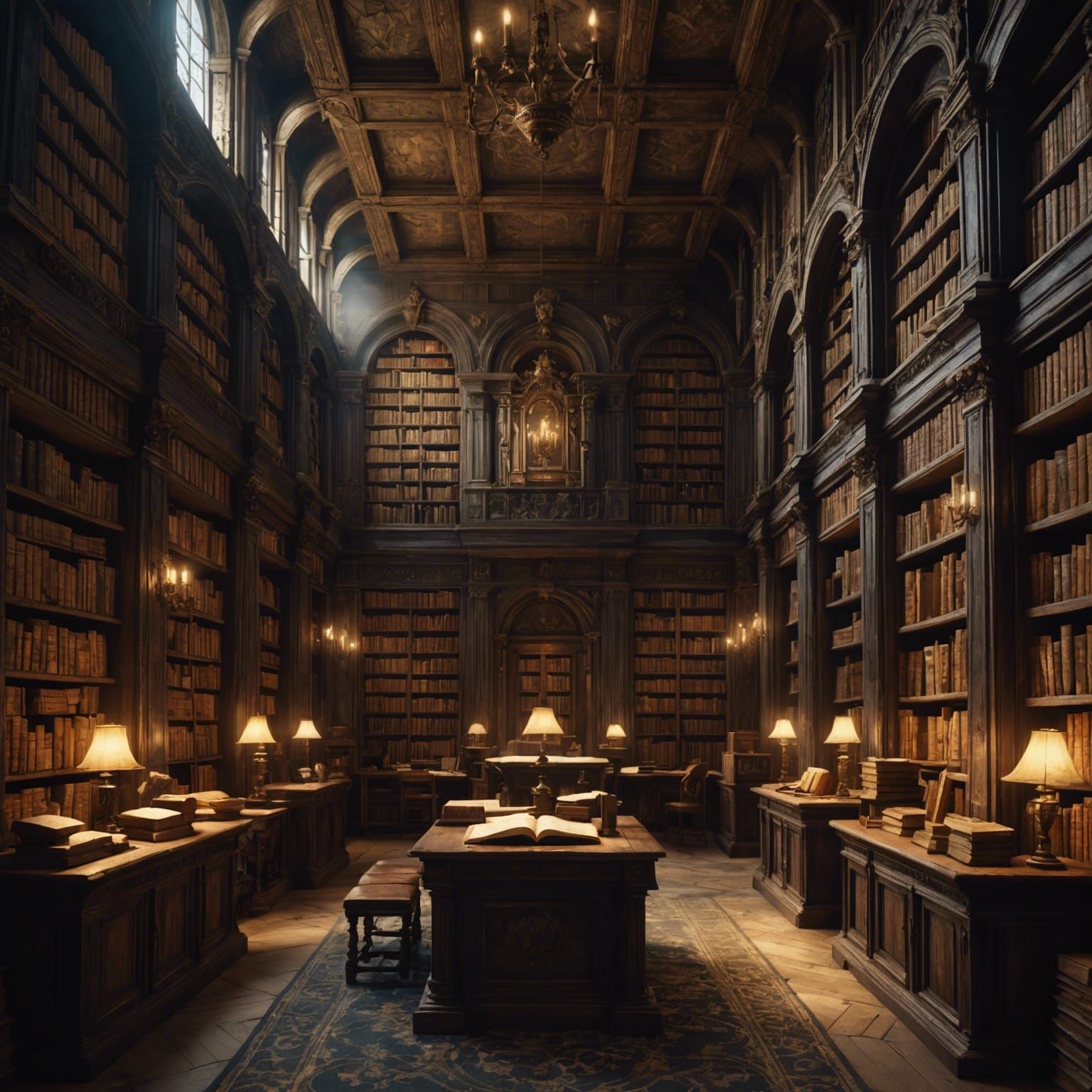 Baroque Library with Ancient Books: Dark Fantasy Art