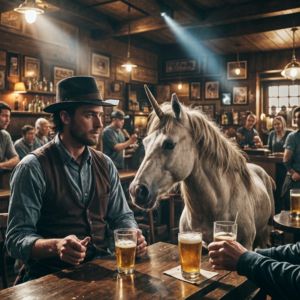 Unicorn and Amish Man in Pub: Cinematic Film Still