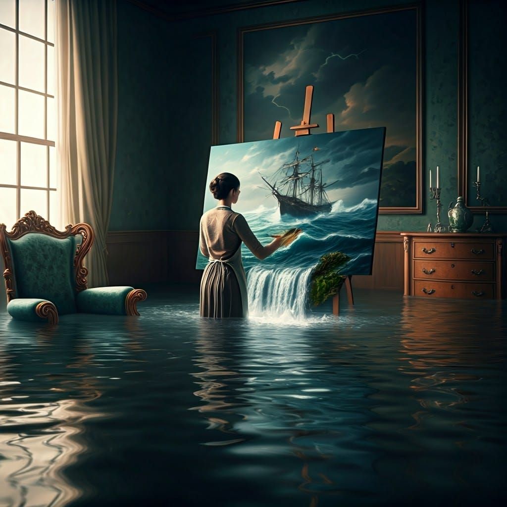 Flooded Room: Woman Painting a Stormy Ship