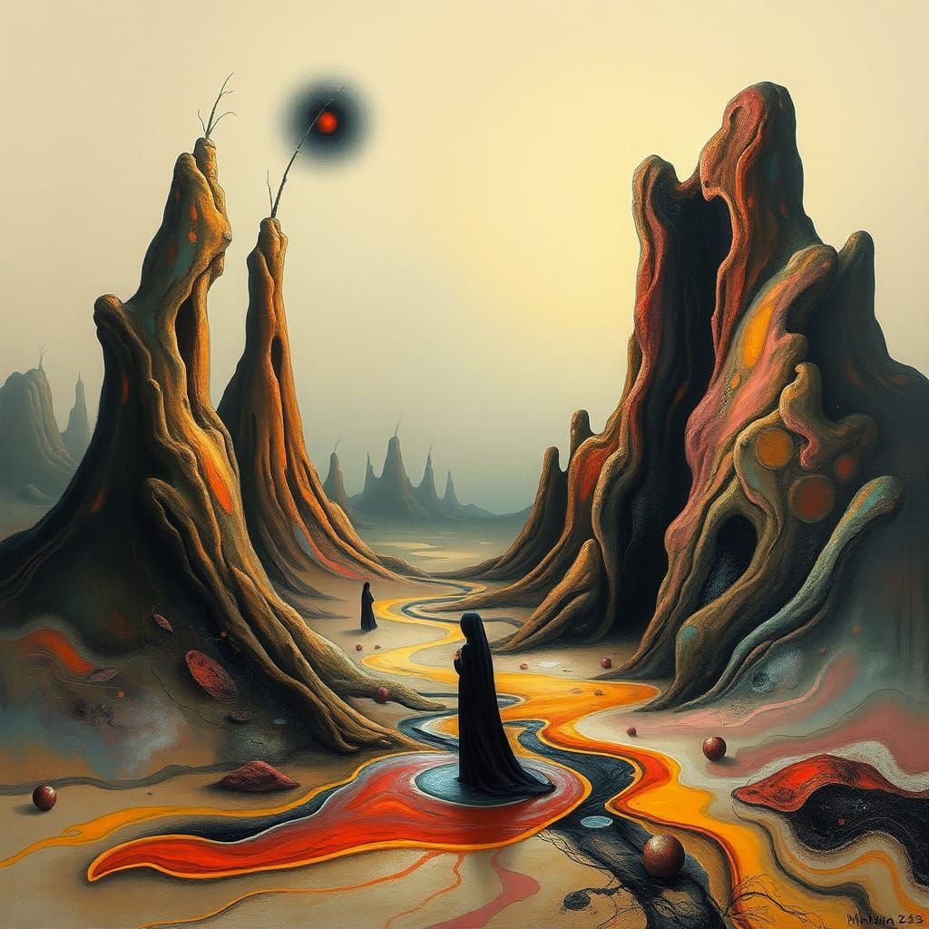 Surreal Dreamscape with Melting Elements in Oil Paint Style