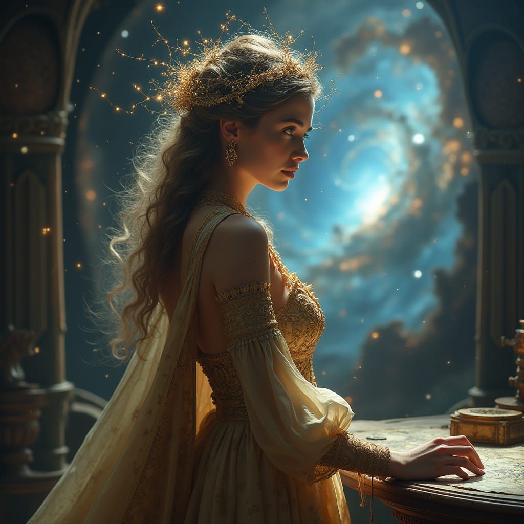 Celestial Cartographer with Stardust Hair in Dark Fantasy St...