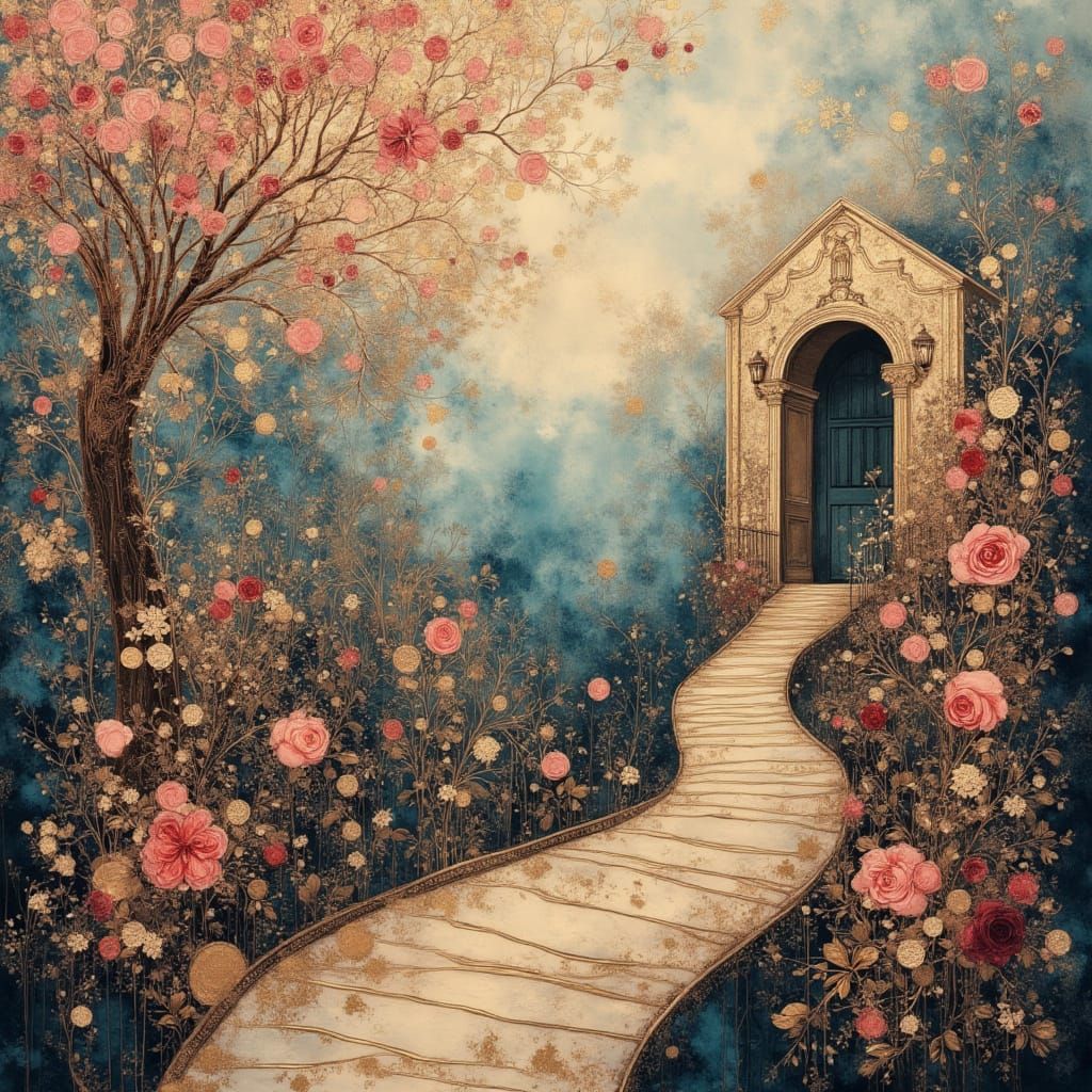 Impasto Oil Painting of English Garden with Roses