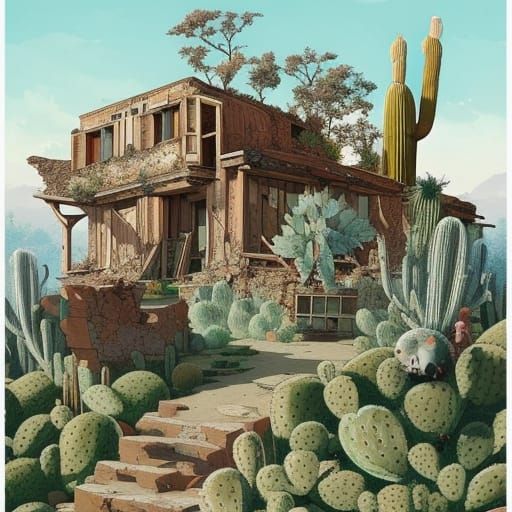 Overgrown Cactus Farm Relics in Detailed Ink Painting