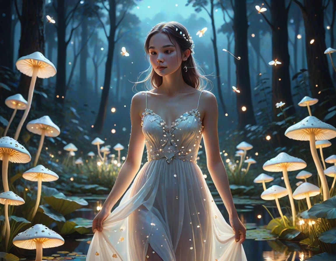 Enchanted Night Forest with Woman in White Dress