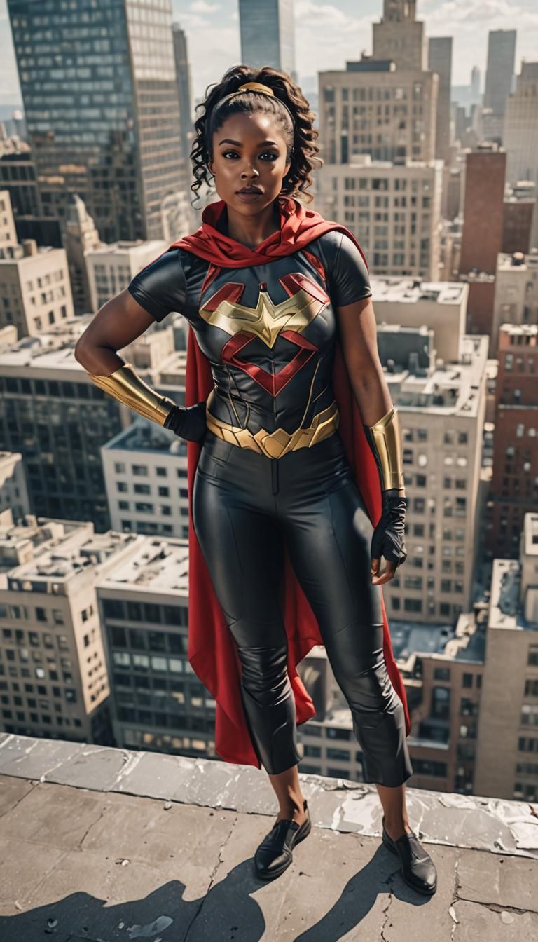 Black Female Superhero Posing on Building